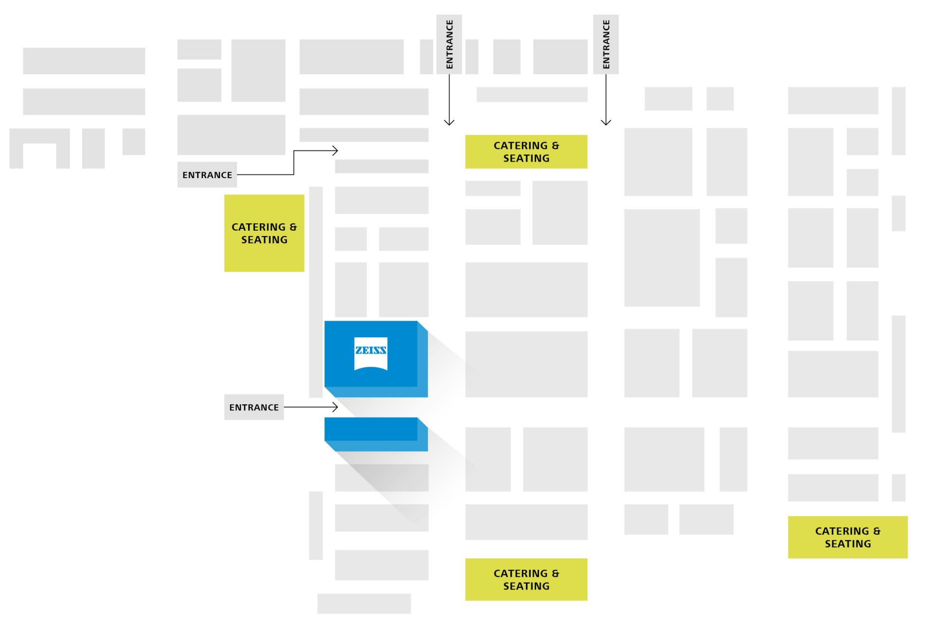 Floor plan layout of ESCRS 2025 showing the ZEISS booth in blue at the center with labeled entrances and nearby yellow-marked catering and seating areas.