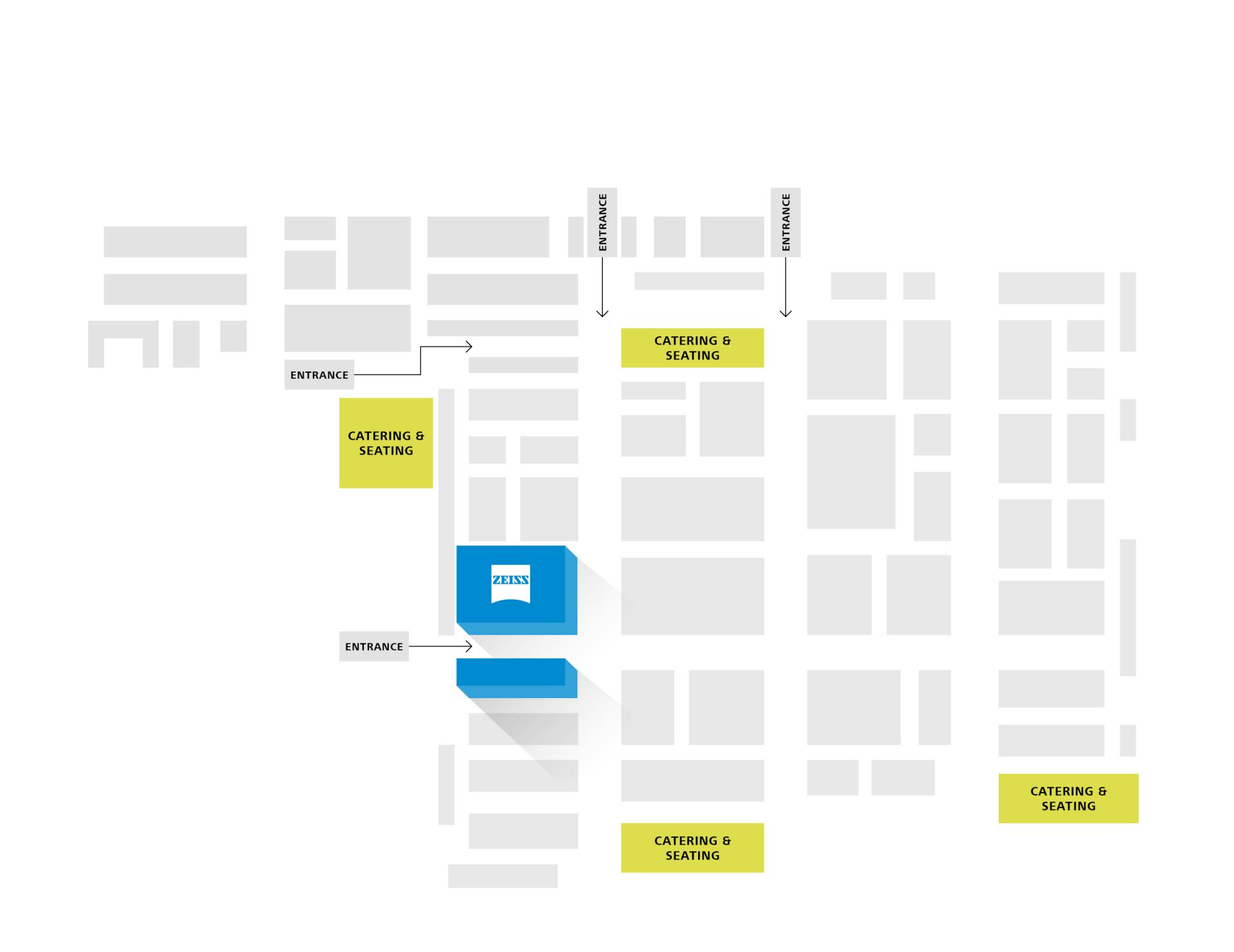 Floor plan layout of ESCRS 2025 showing the ZEISS booth in blue at the center with labeled entrances and nearby yellow-marked catering and seating areas.