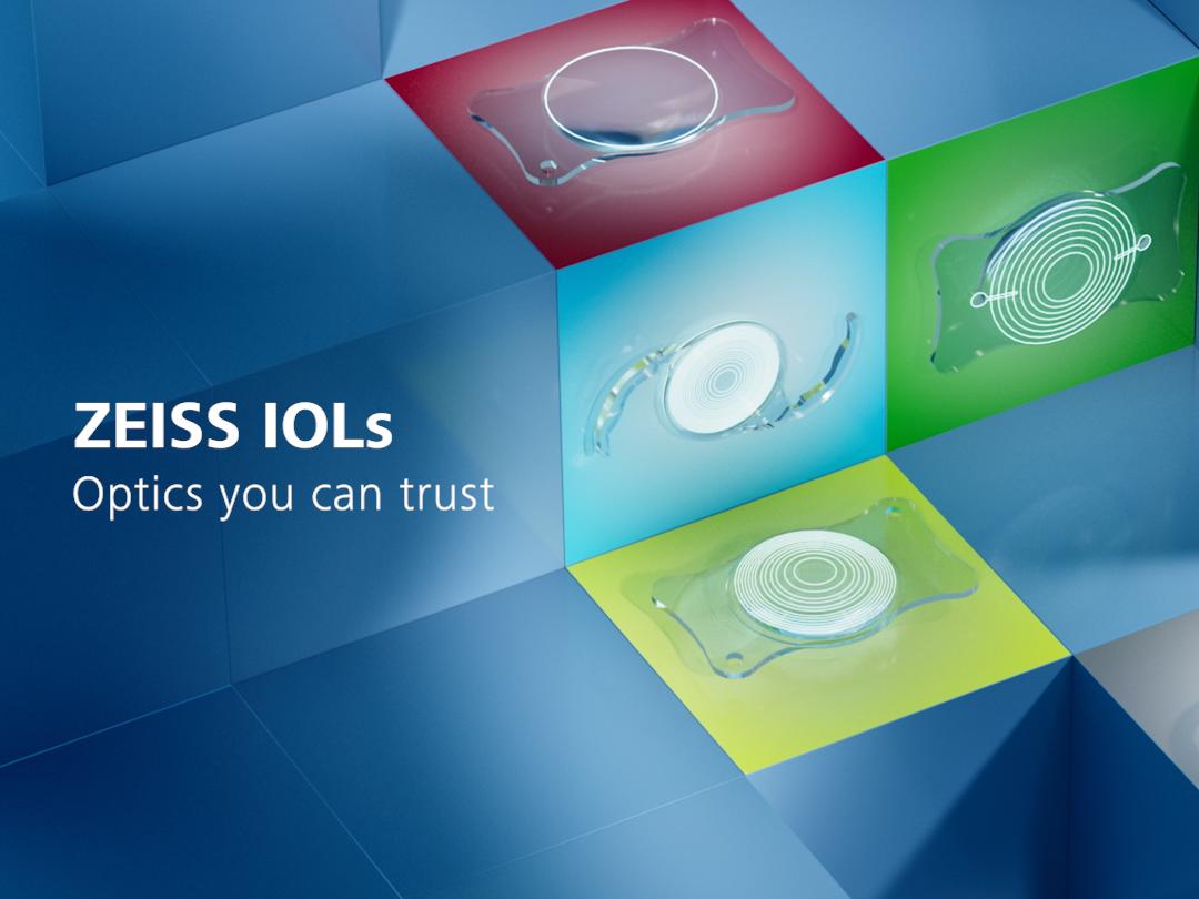 Visitors interact with advanced ophthalmic equipment and displays at the ZEISS exhibition booth during a professional medical trade show.