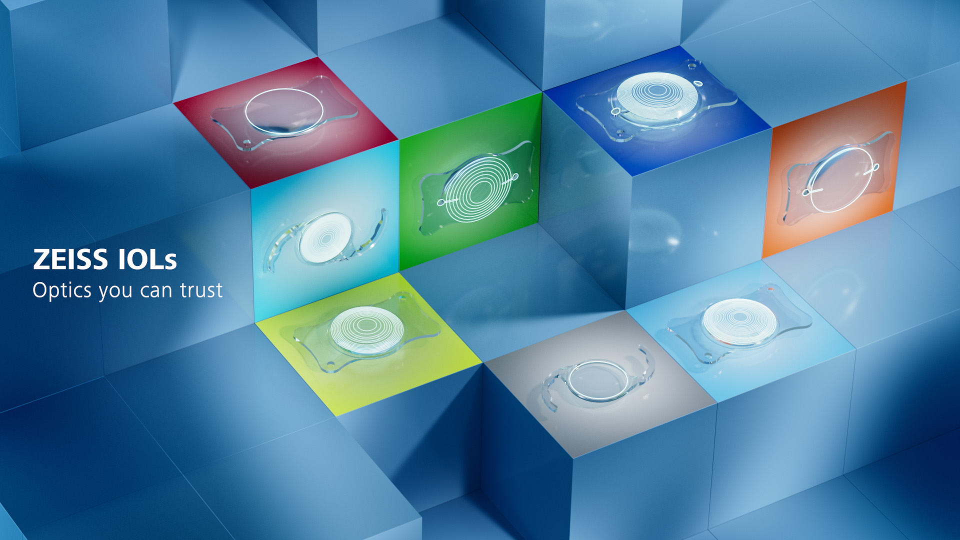 ZEISS ophthalmic surgery systems are displayed in a blue studio: a surgical microscope ARTEVO 850 with side monitor, a large screen showing a close-up retinal image, and a surgical console with touchscreen.