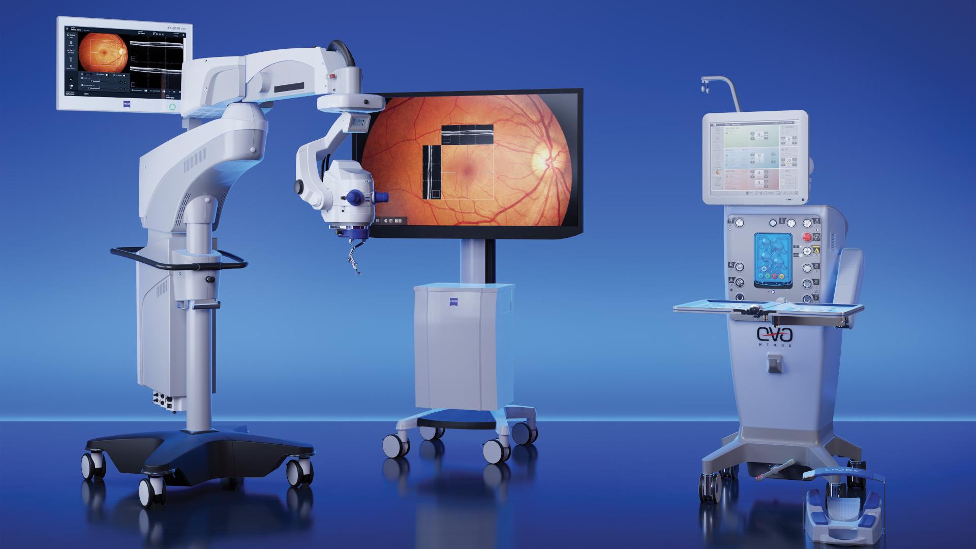 ZEISS ophthalmic surgery systems are displayed in a blue studio: a surgical microscope ARTEVO 850 with side monitor, a large screen showing a close-up retinal image, and a surgical console with touchscreen.