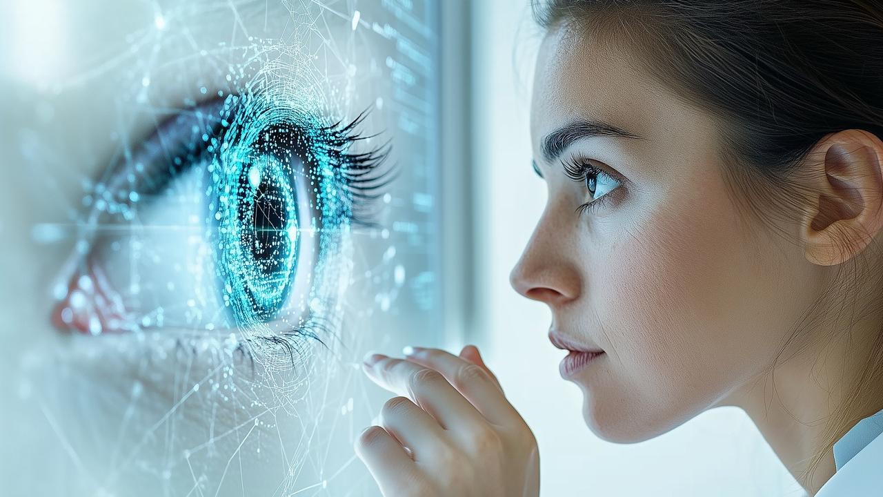A scientist examines a digital eye display in a research lab at night, showcasing advanced optical technology and human observation