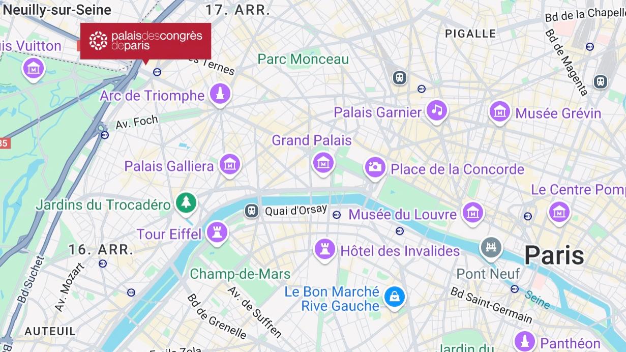 Map of central Paris highlighting major landmarks including the Palais des Congrès de Paris, which will host EURETINA 2025