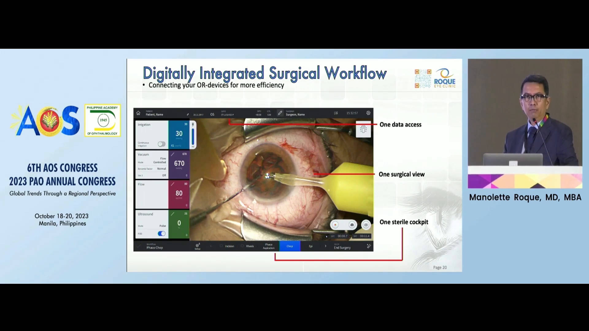 Diapositive de présentation illustrant un flux de tâches chirurgical numérique intégré avec une image en gros plan d'une interface de chirurgie oculaire utilisant la technologie ZEISS. Un intervenant du 6e Congrès de la Société d'Ophtalmologie de l'ASEAN 2023 apparaît également.
