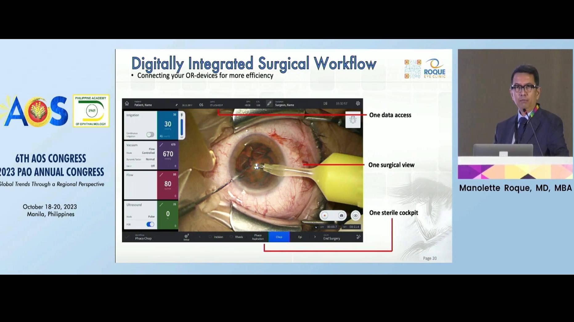 Diapositive de présentation illustrant un flux de tâches chirurgical numérique intégré avec une image en gros plan d'une interface de chirurgie oculaire utilisant la technologie ZEISS. Un intervenant du 6e Congrès de la Société d'Ophtalmologie de l'ASEAN 2023 apparaît également.