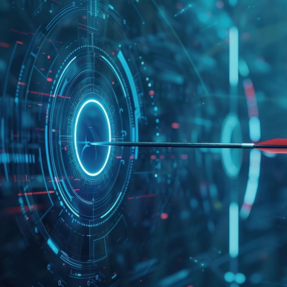 Une flèche transperce une cible numérique sur un écran, représentant la précision en technologie