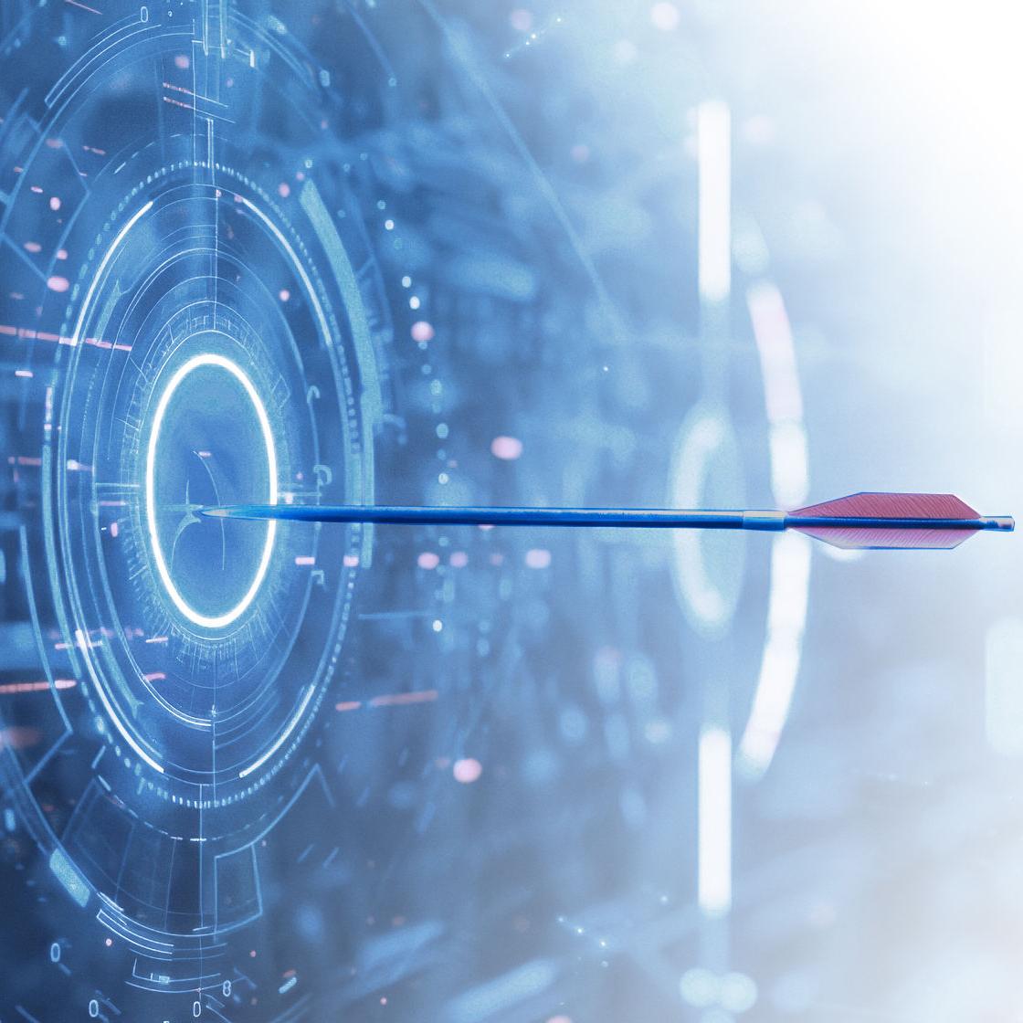 An arrow piercing through a digital target on a screen, representing accuracy in technology