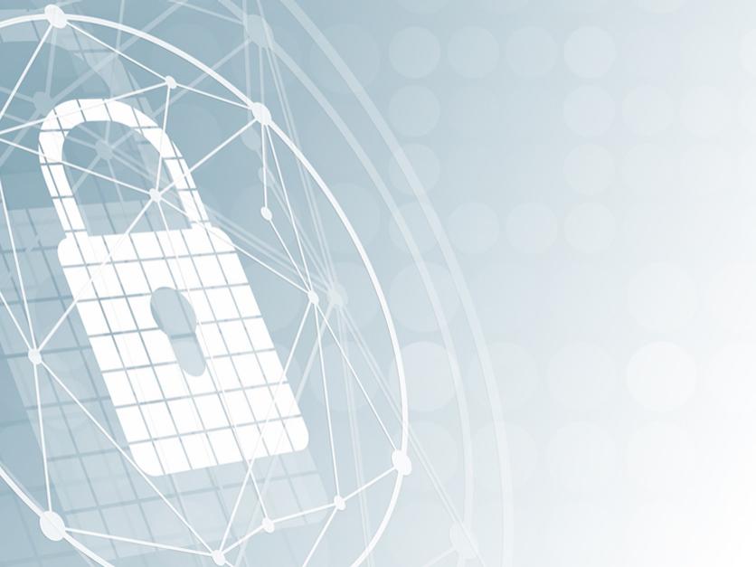 Digital illustration of a white padlock surrounded by a network of interconnected lines and nodes on a light blue gradient background.
