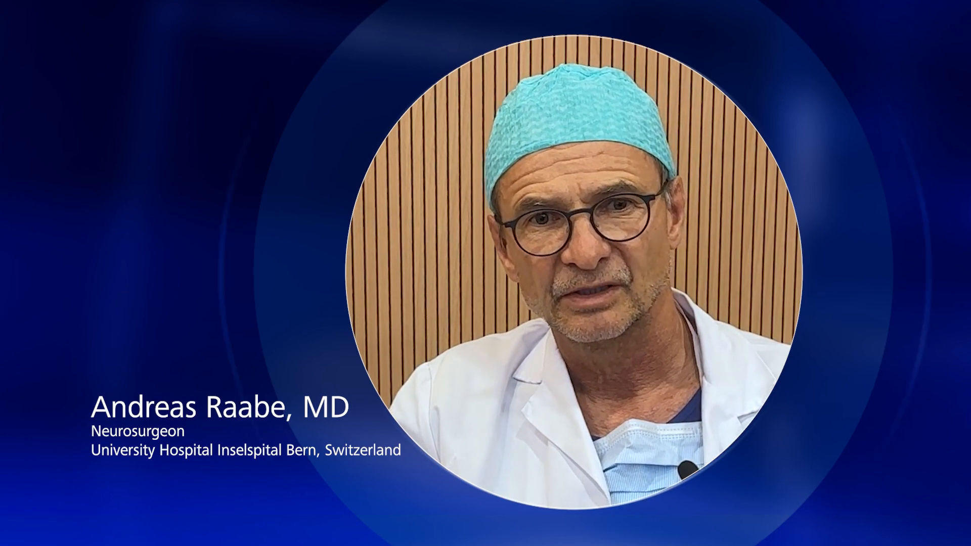 Portrait of Dr. Andreas Raabe, MD, a Neurosurgeon at University Hospital Inselspital Bern, Switzerland, wearing surgical attire, displayed within a circular frame on a blue ZEISS-branded background.