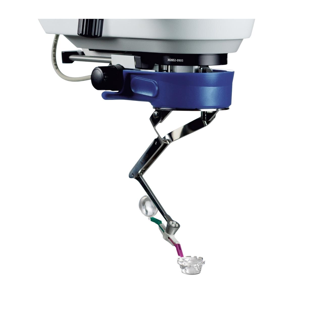 Single-use Lenses for ZEISS RESIGHT with articulated arm holding a fine surgical instrument over a small medical object.