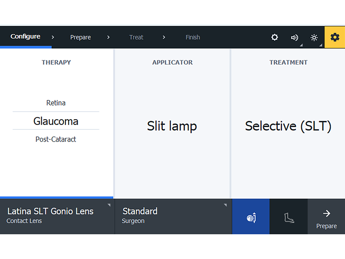 User interface screen showing therapy selection for glaucoma, applicator as slit lamp, and treatment method as Selective (SLT) with options for contact lens and surgeon configuration.