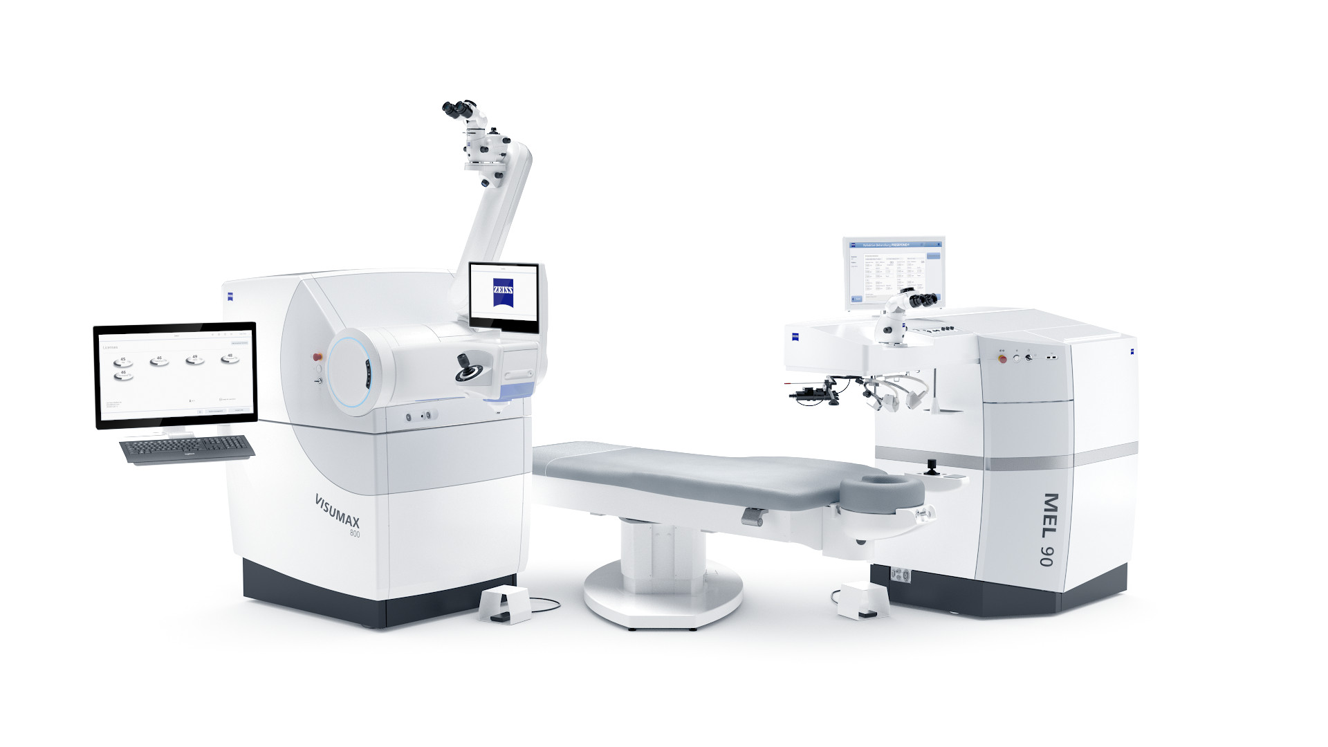 Photo de VISUMAX® 800 de ZEISS et MEL® 90 de ZEISS côte à côte sur un fond blanc
