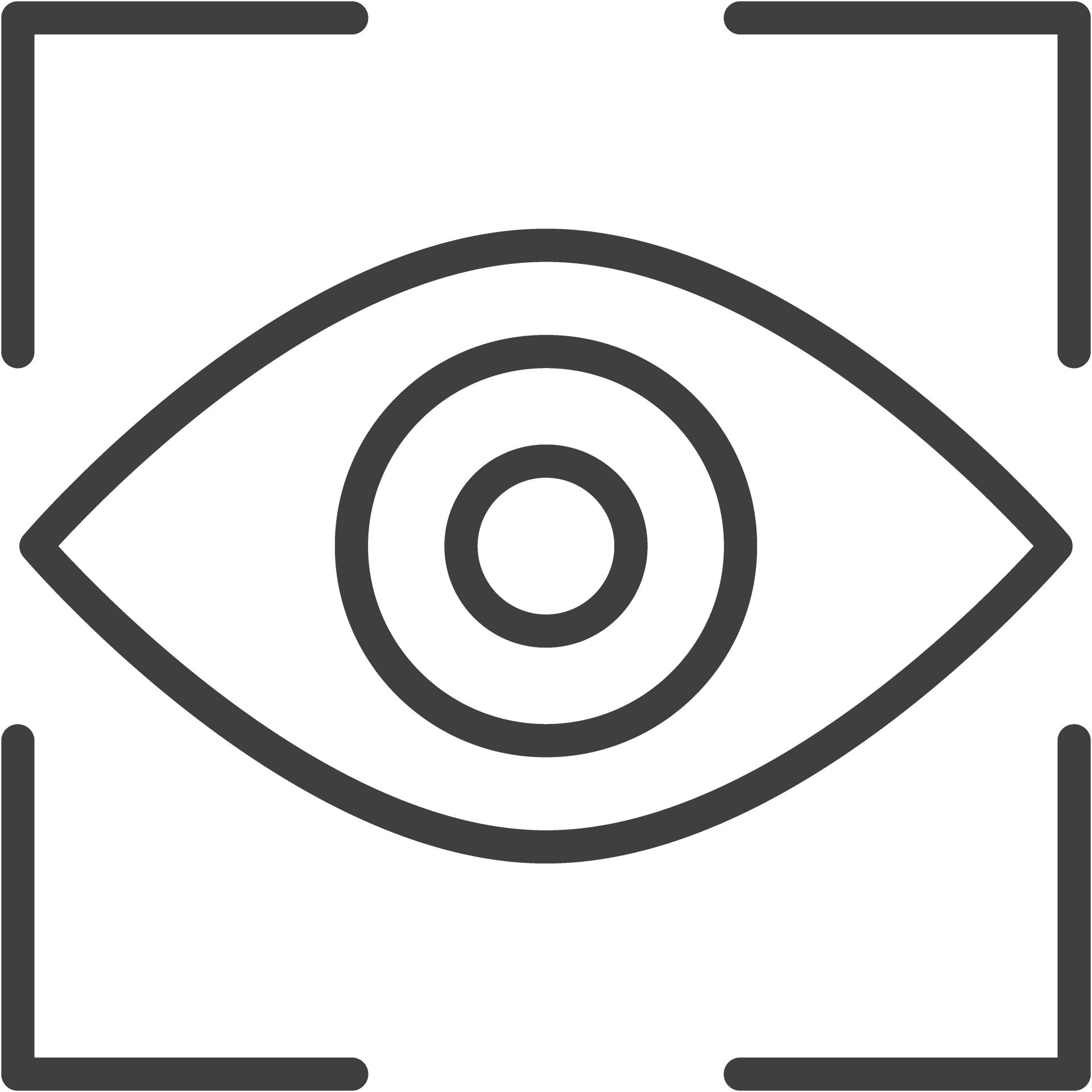 Black line icon of an eye with concentric circles in the center, enclosed by four corner brackets, representing vision or focus for ZEISS.