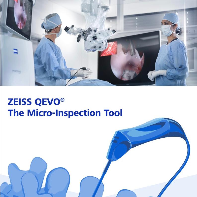 Medical professionals operate advanced surgical equipment with visual assistance from ZEISS QEVO® during a procedure in a modern operating room.