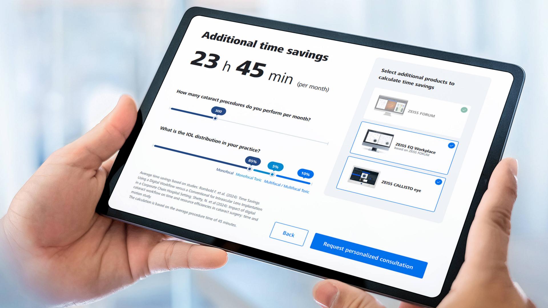 Hand holding a tablet with the Efficiency Calculator for ZEISS Cataract Workflow 