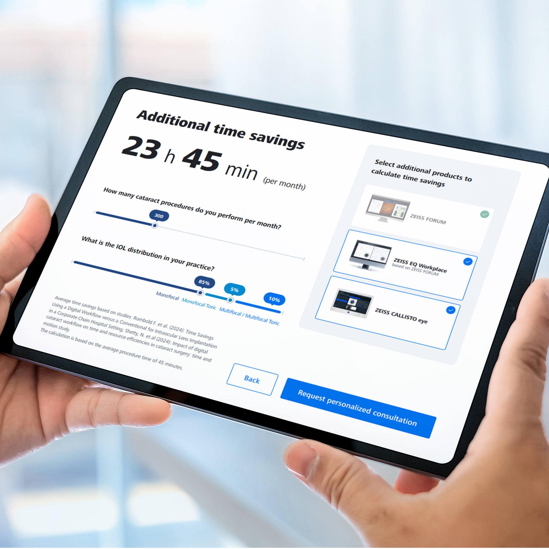 Hand holding a tablet with the Efficiency Calculator for ZEISS Cataract Workflow 