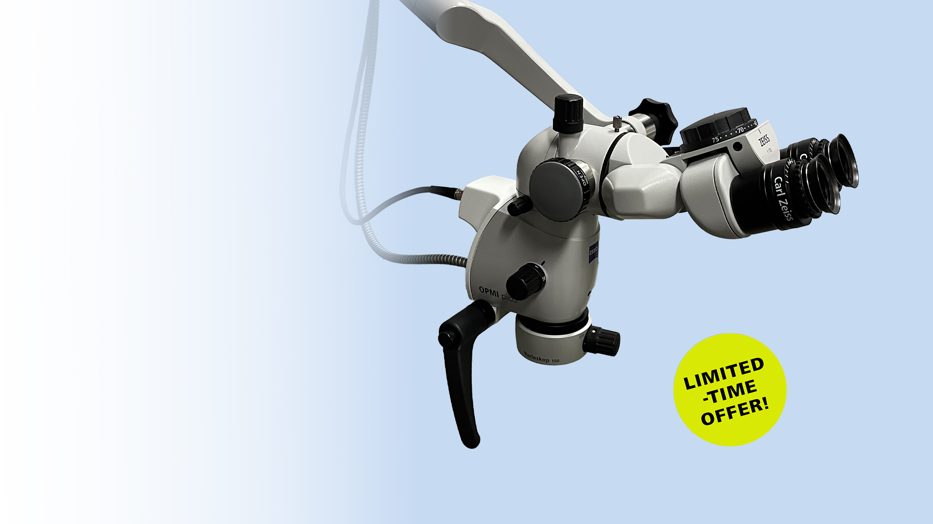 ZEISS OPMI pico microscope with dual eyepieces and adjustable arm with a yellow "Limited-time offer" label.