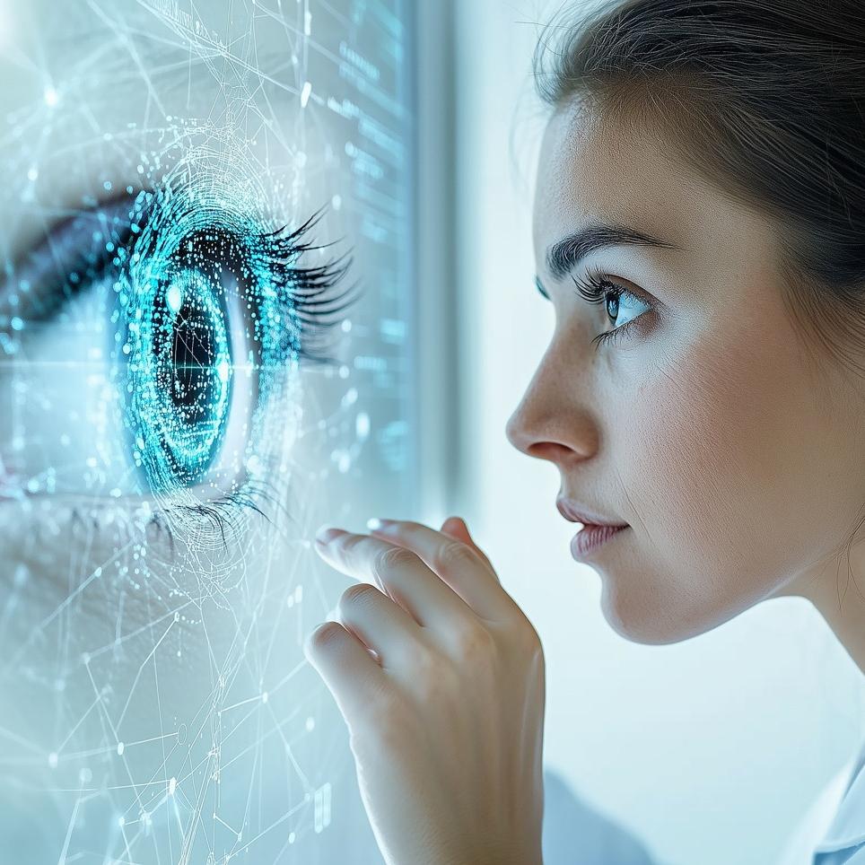 A scientist examines a digital eye display in a research lab at night, showcasing advanced optical technology and human observation