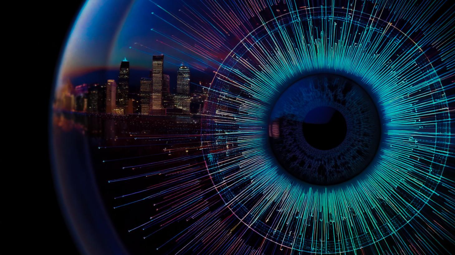 ZEISS at ARVO 2025 - AI generated image - Firefly Create a picture with a dark background. Show an eye on the right side of picture