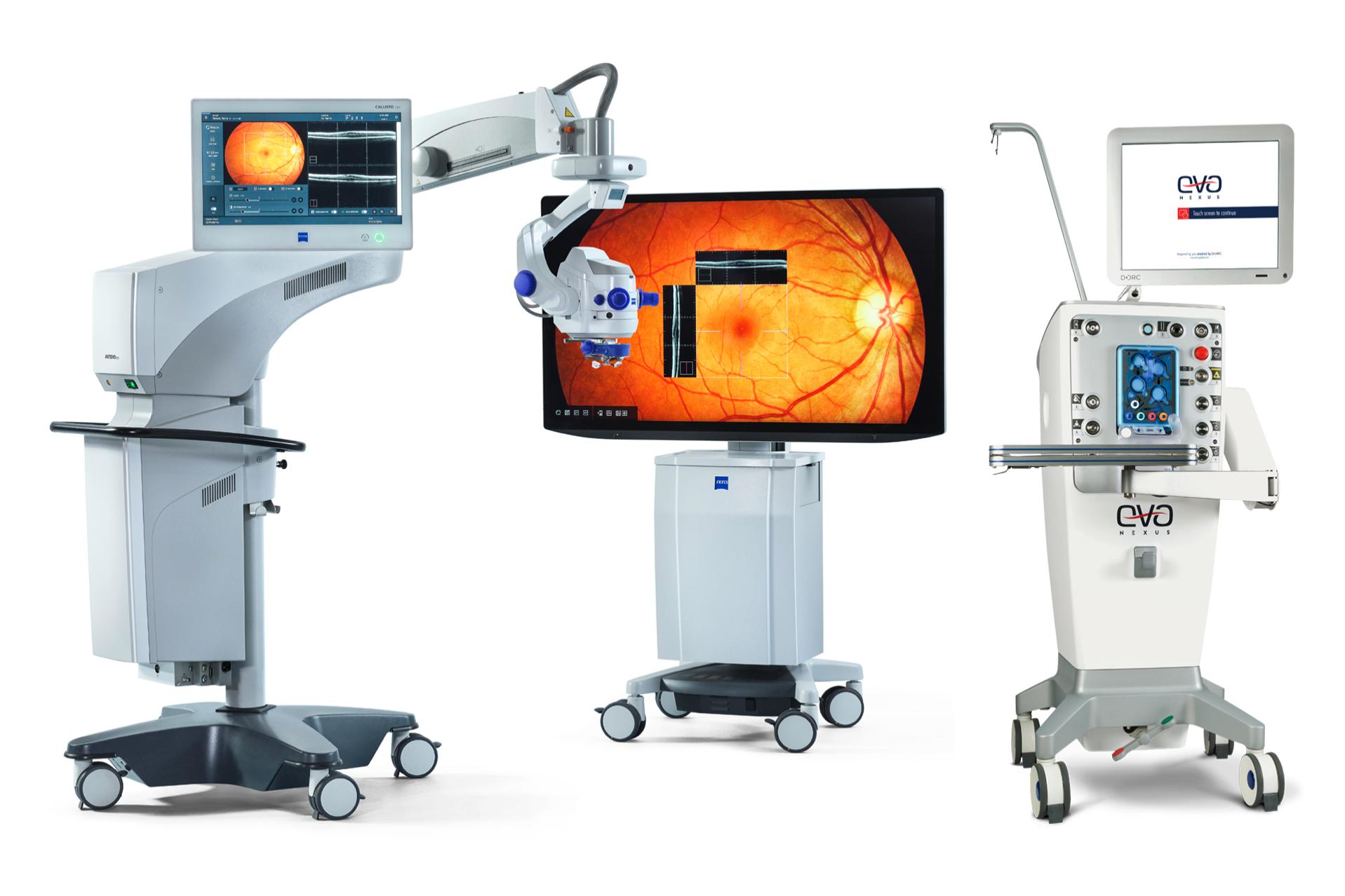 Medical imaging and surgical equipment from ZEISS, including a surgical microscope, a large diagnostic display, and a control unit with monitor.