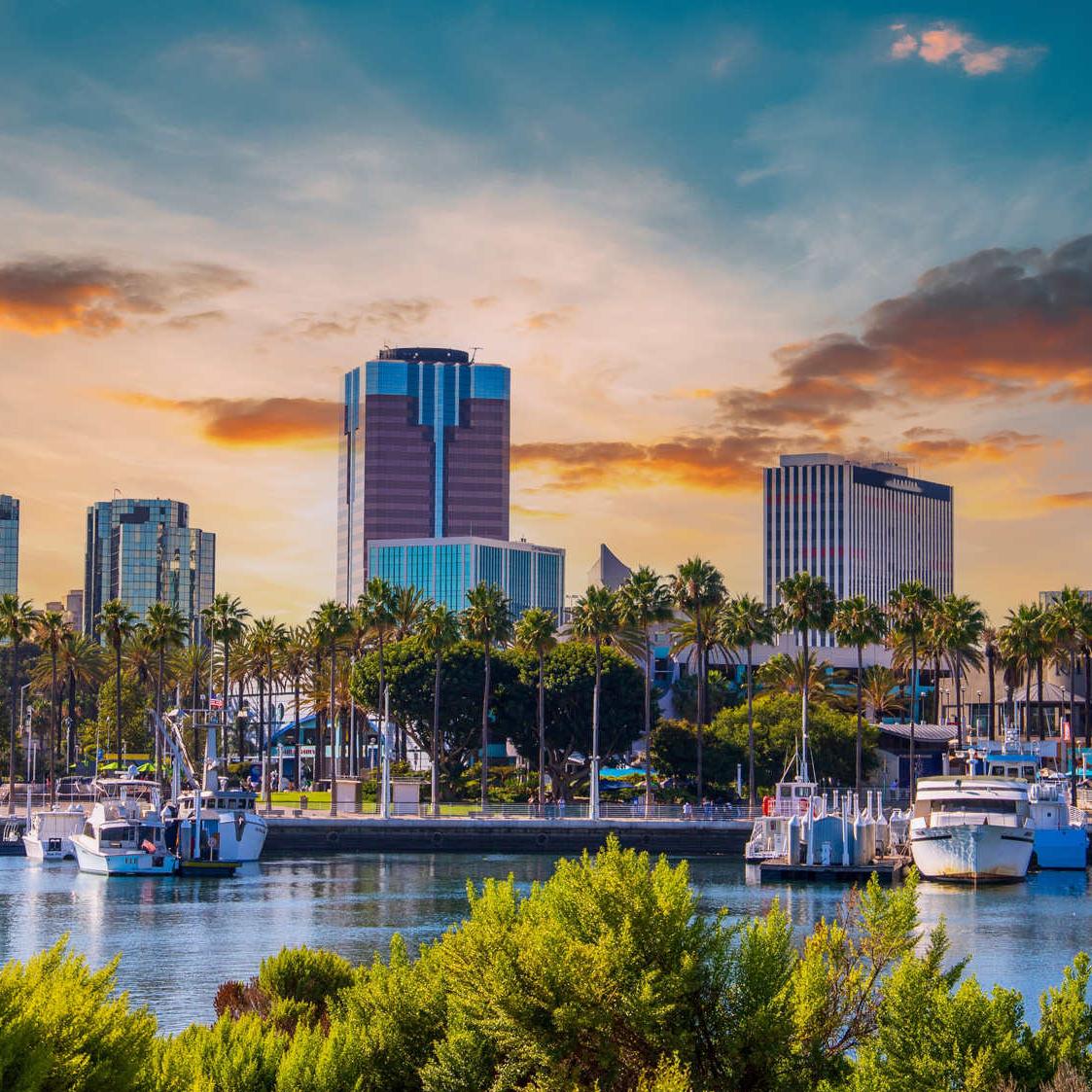 City skyline with modern high-rise buildings, palm trees, and boats docked in a harbor at sunset.