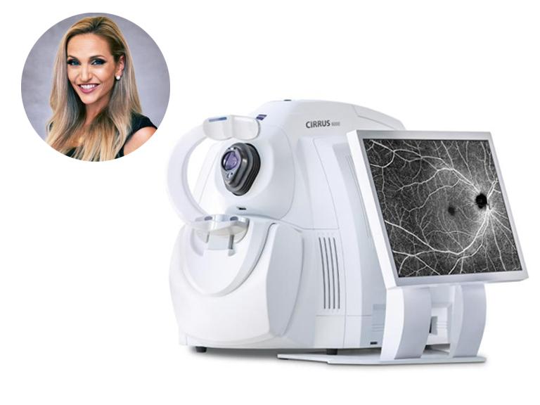 ZEISS CIRRUS 6000 optical coherence tomography (OCT) device with a display showing a retinal scan, accompanied by a circular portrait of a smiling woman in the top left corner.