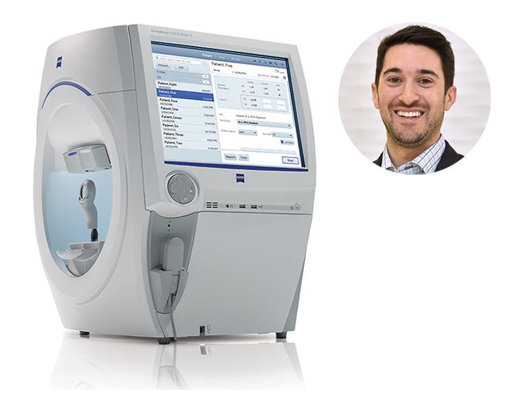 A ZEISS medical diagnostic device with a digital display screen is shown next to a circular inset image of a smiling man.