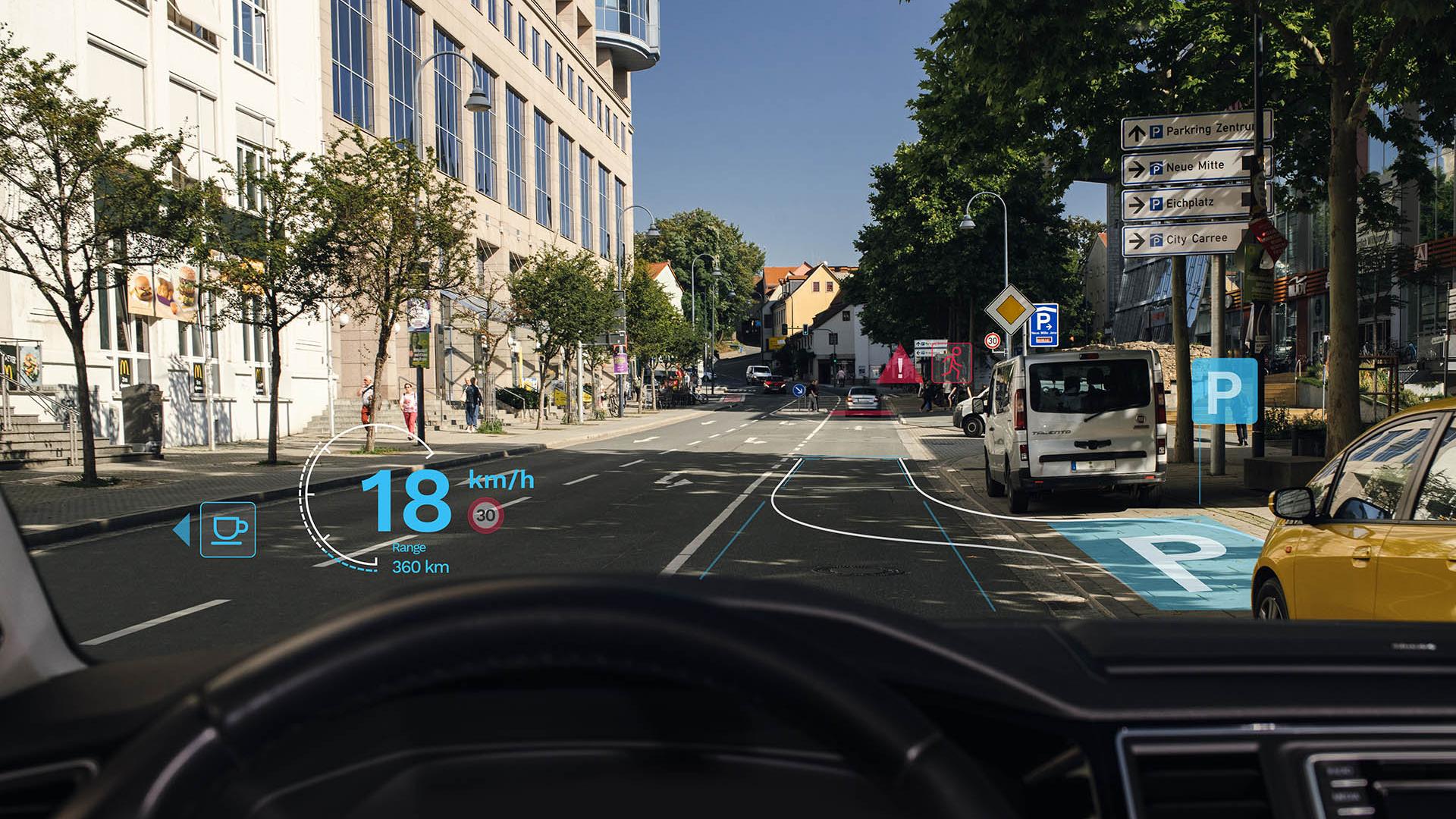 Holographic augmented reality head-up displays based on ZEISS Multifunctional Smart Glass project important information ahead of drivers so they can keep their eyes on the road.