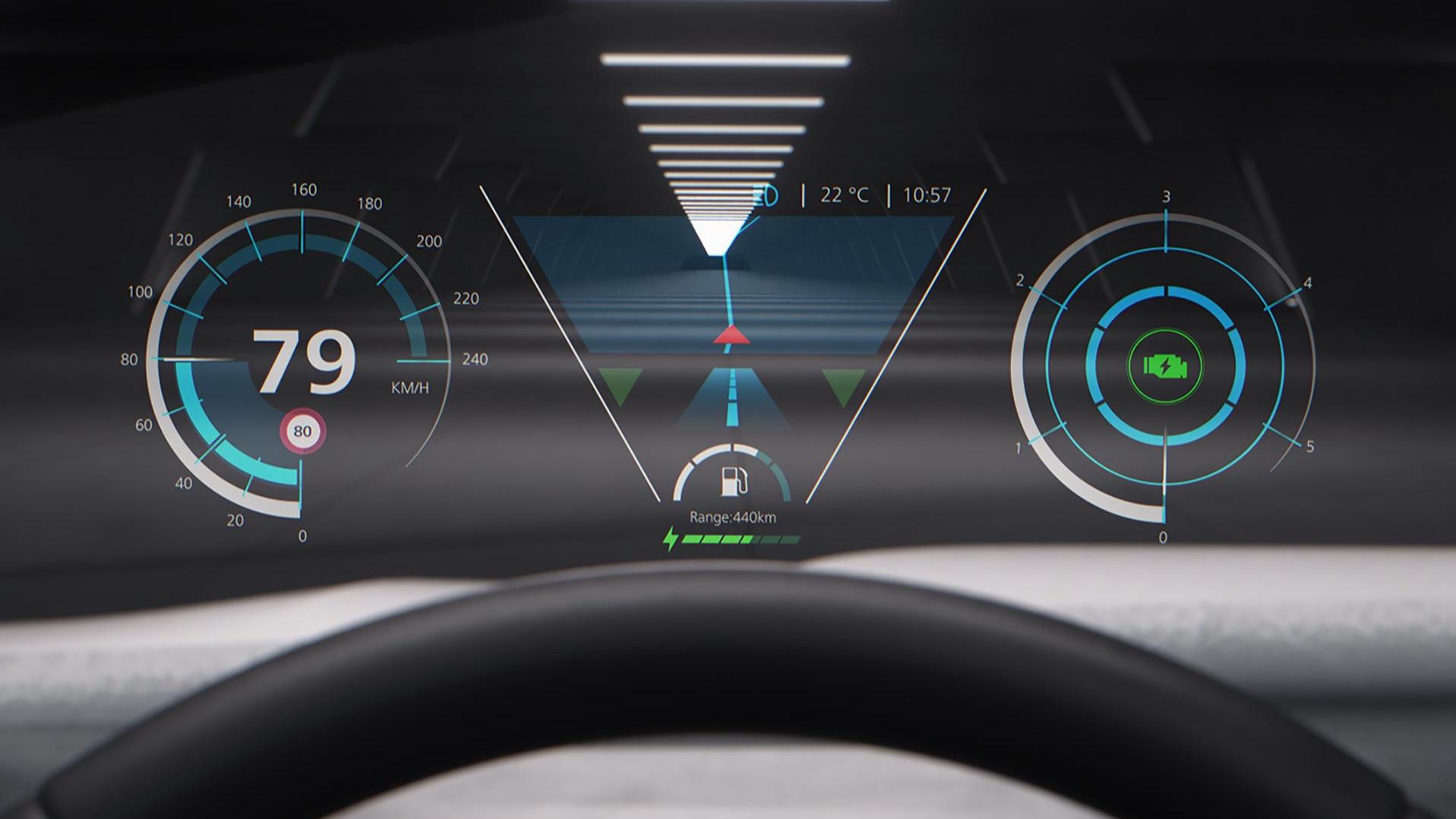 The transparent display integrated into the windshield shows relevant driving information such as navigation and speed. It makes for an unobstructed view to the outside and enables the driver to take in more information without taking their eyes off the road, increasing safety.