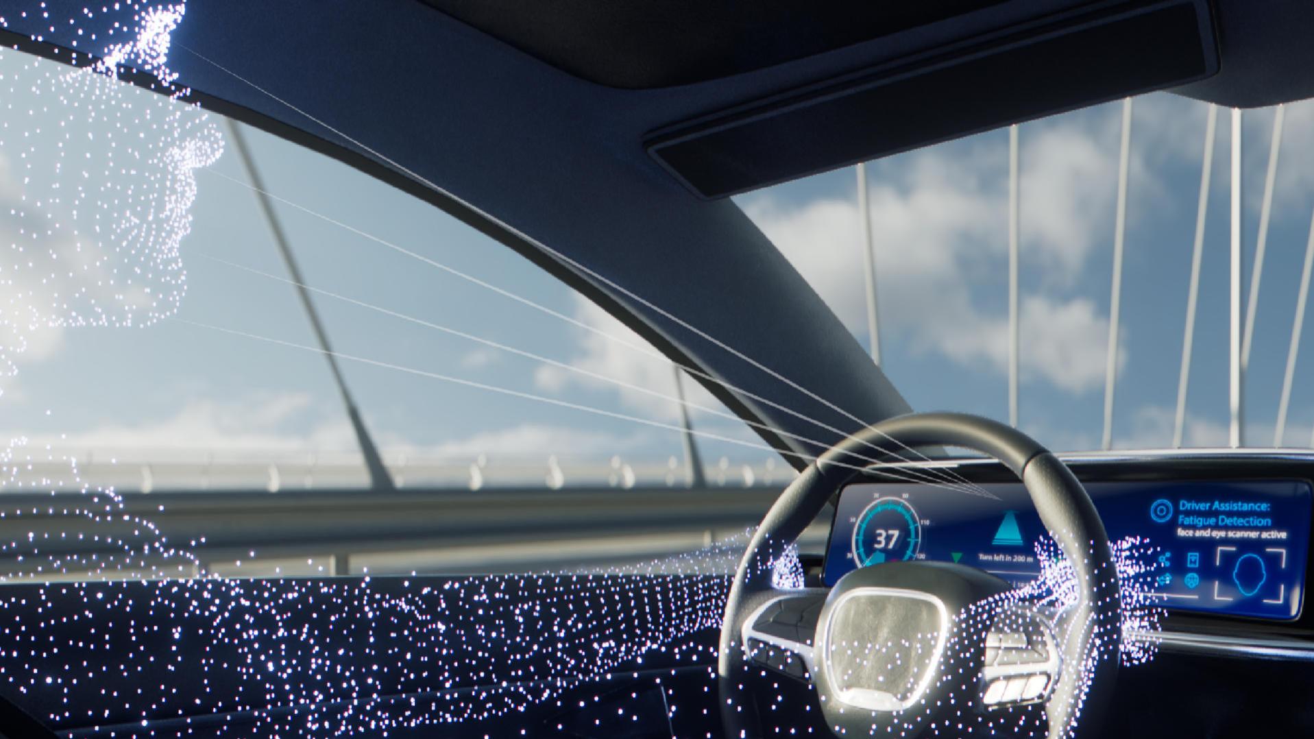 The image shows the interior of a car with a rendered silhouette of a person holding the steering wheel