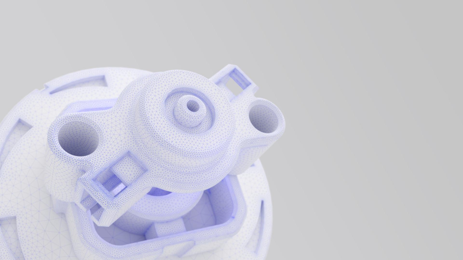 3D visualization of a mechanical part that is white and features blue wireframe lines for surface rendering.