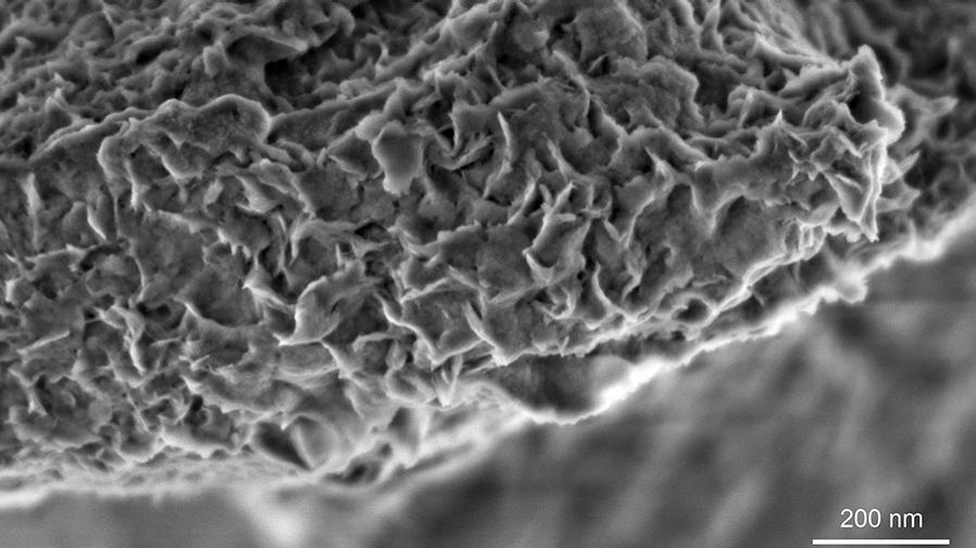 Nanometer-scaled features on the fractured surface of a non-conductive mineral, montmorillonite, visualized at low landing energy, ZEISS GeminiSEM 560, Inlens SE image, 800 V, scale bar 200 nm.
