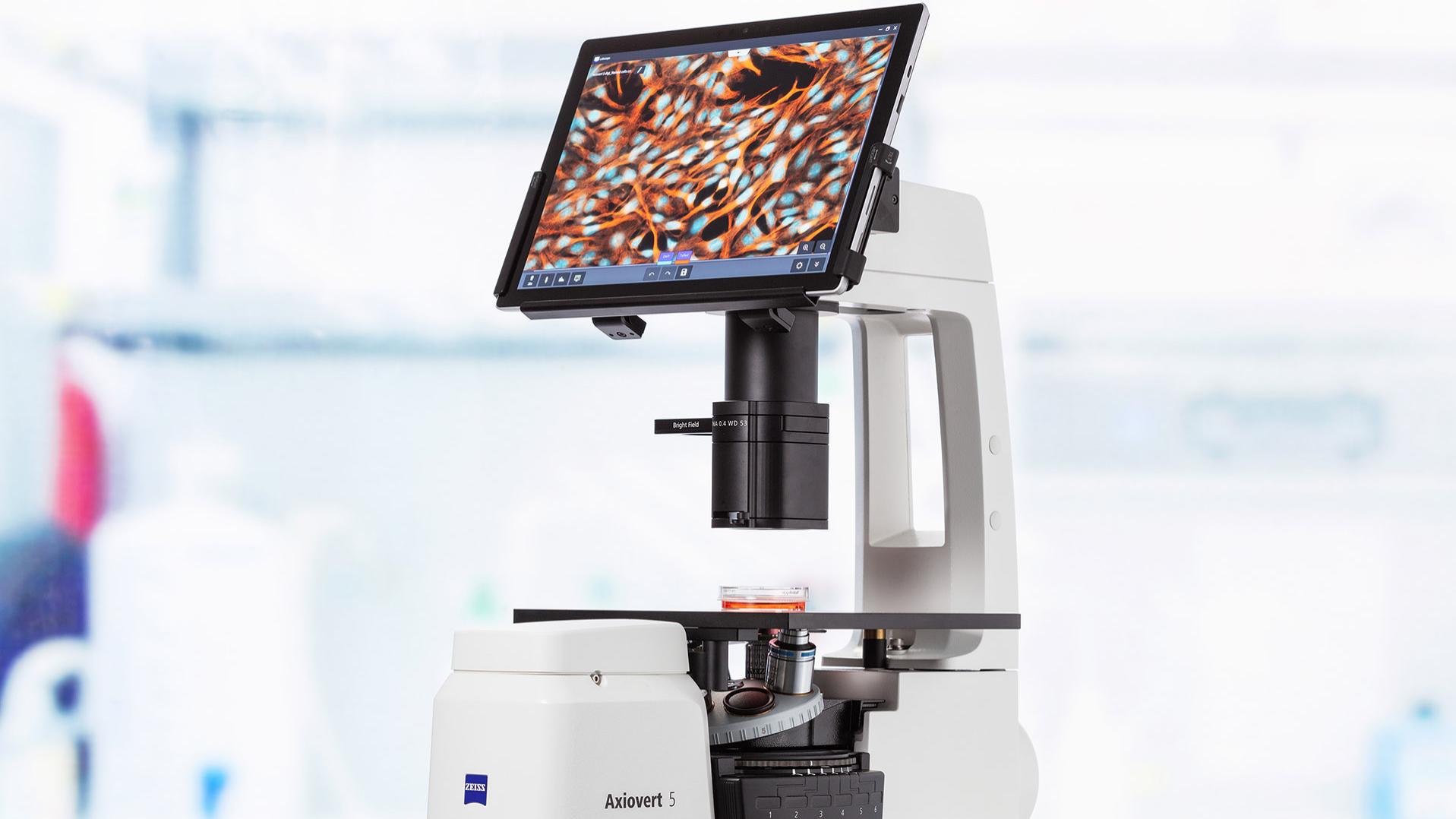 Product photo: ZEISS Axiovert 5 digital uses artificial intelligence (AI) and automatic functions to ease daily work in the cell lab.