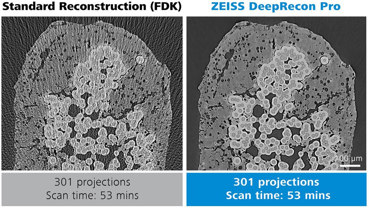 ZEISS DeepRecon Pro used for throughput improvement for Ceramic Matrix Composite (CMC) sample, achieving 10x throughput improvement without sacrificing image quality.