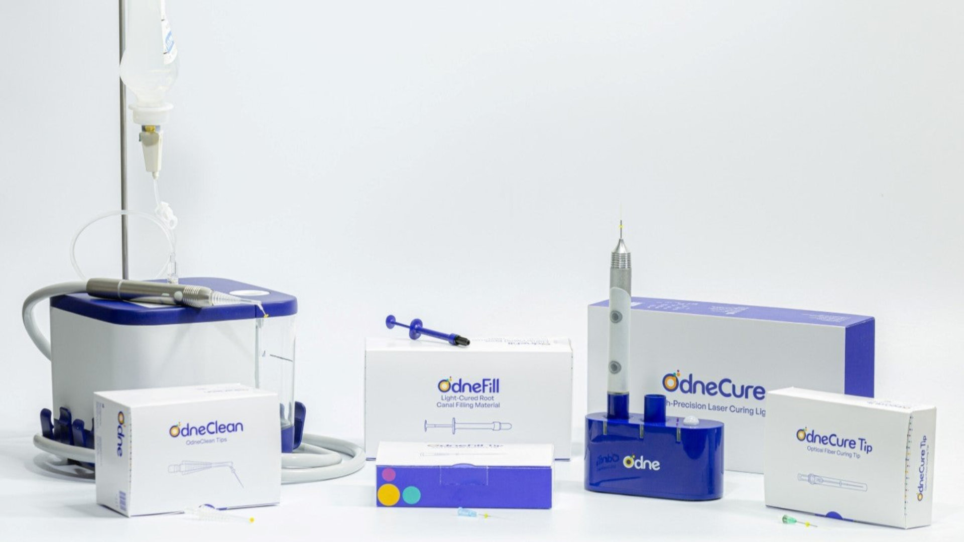 Product image of the Odne product portfolio. White and blue packaging in white environs.
