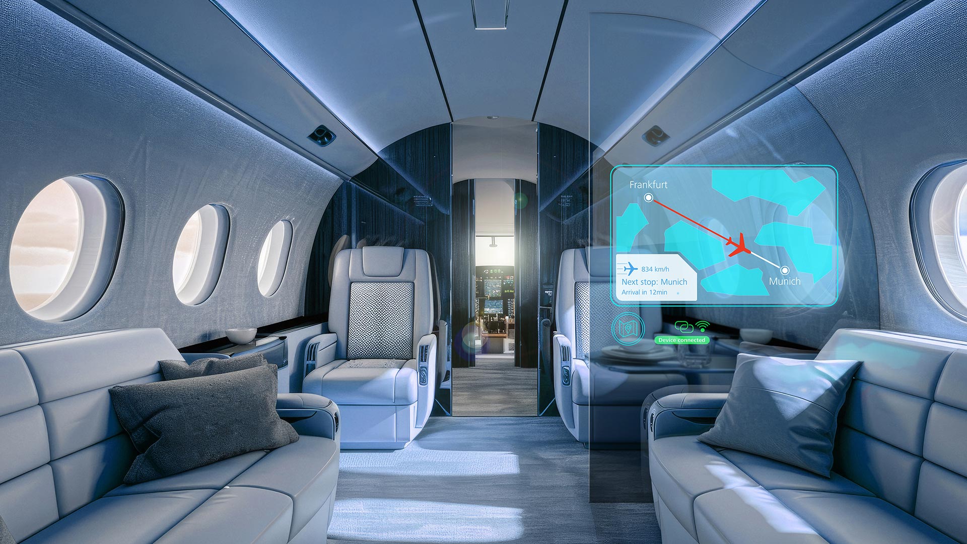 Holographic Transparent Displays integrated into cabin dividers based on ZEISS Multifunctional Smart Glass technology project interactive content, providing passengers with personalized information while maintaining an unobstructed view.
