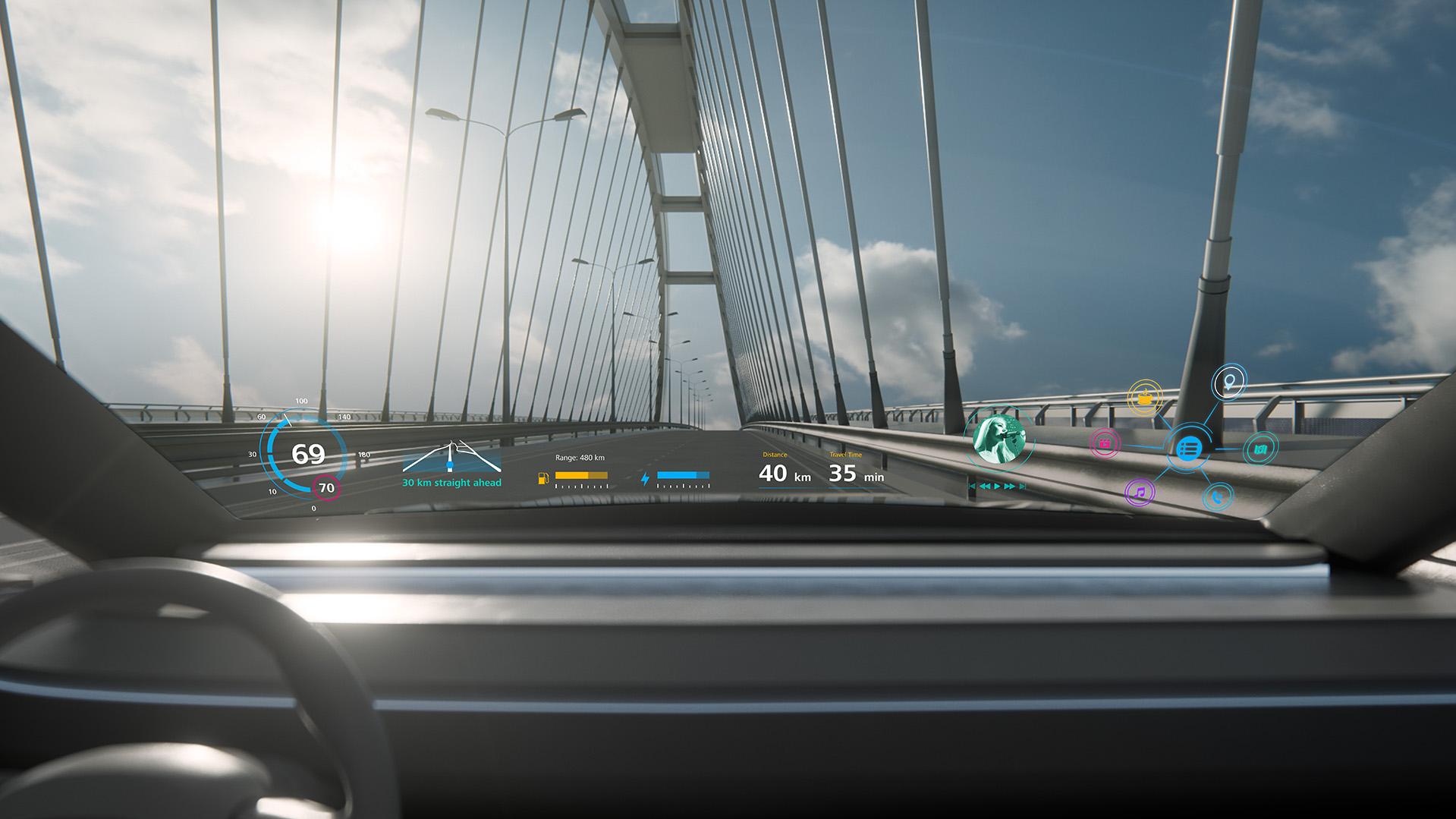 With completely new visualization possibilities on the windshield, the display ensures an unobstructed view of the road while providing the driver with all relevant driving information. At the same time, the passenger can access the vehicle’s full infotainment offering.
