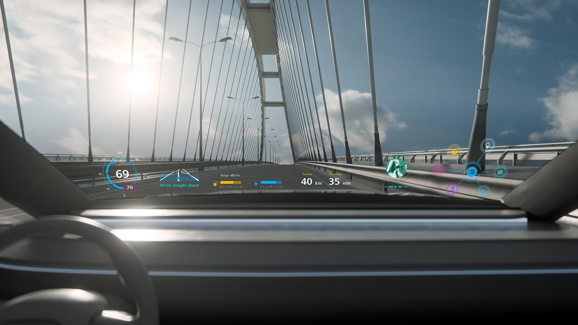 The image shows main vehicle functions being displayed onto the windshield