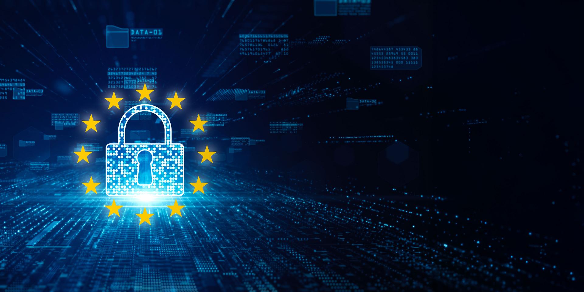 Un lucchetto digitale circondato da stelle dell'UE che rappresentano la protezione dei dati, sovrapposto a uno sfondo futuristico di rete dati, a simboleggiare l'impegno di ZEISS per una gestione dei dati sicura e conforme alle normative.