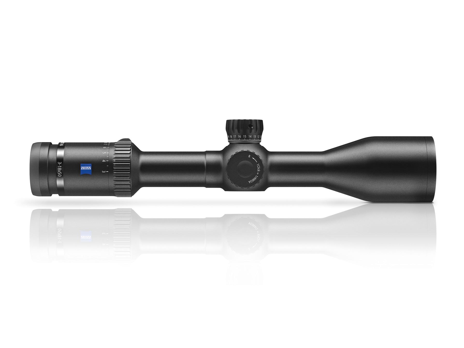 Side profile of the ZEISS riflescope with adjustment turrets for precision and long-range accuracy.