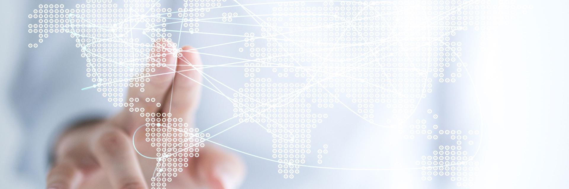 A person touching a transparent digital interface displaying a connected world map made of white dots and lines.
