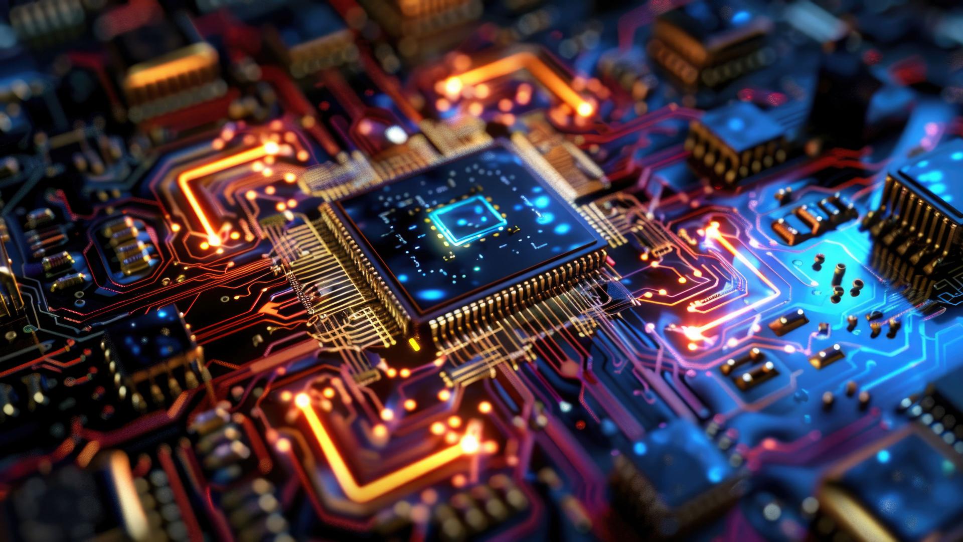 Close-up view of a glowing microchip embedded in a complex, illuminated circuit board.