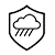 Black and white icon of a shield containing a cloud with rain and a sun, representing weather protection.