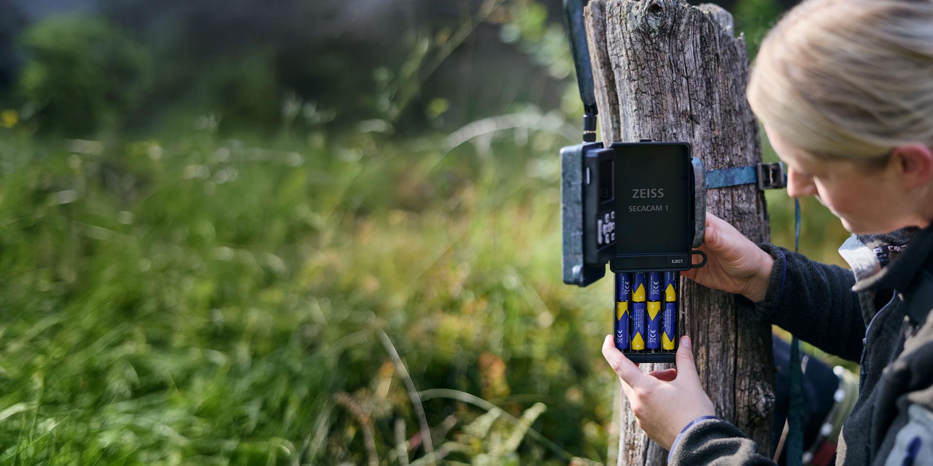 Una persona sta installando una fotocamera da esterno con batterie sul tronco di un albero in un ambiente boschivo, utilizzando una cinghia.