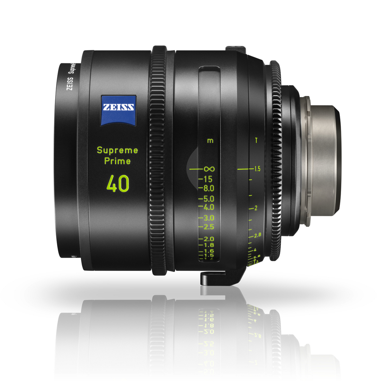 Front view of a ZEISS Otus 1.4/50 camera lens with a black matte finish and yellow focal markings.