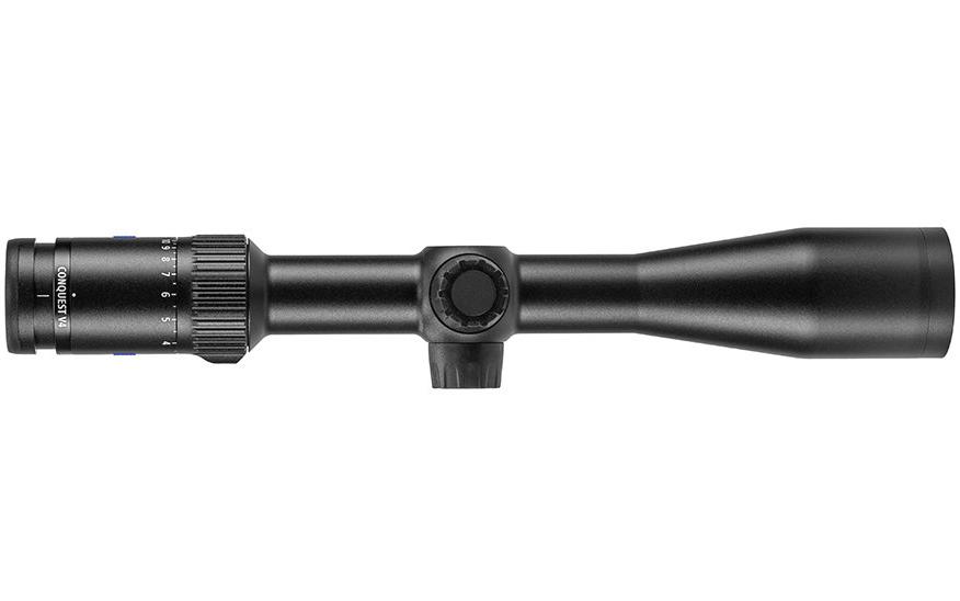 Black ZEISS riflescope with adjustment dials and zoom markings, shown in a vertical front-facing view.
