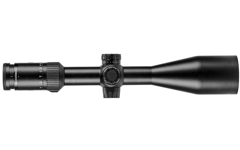 Black ZEISS riflescope with adjustment dials and magnification ring, shown in a vertical frontal view against a white background.