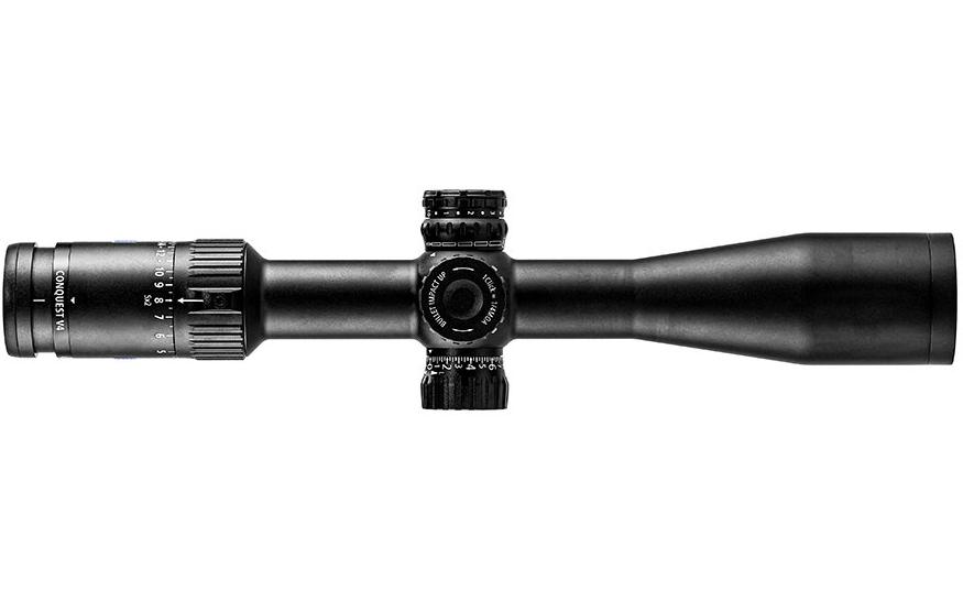 Black ZEISS riflescope with precision adjustment dials and magnification markings, shown in a vertical front-facing view.