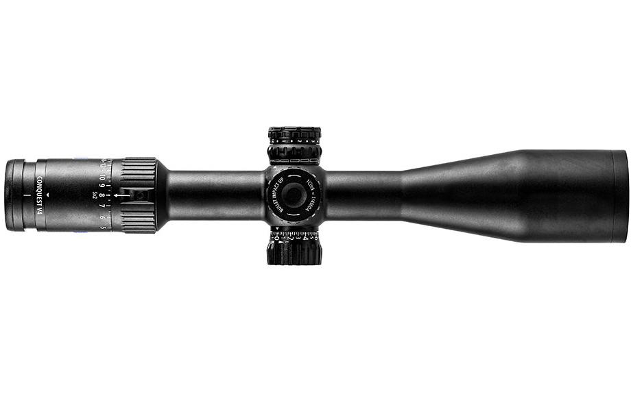 Black ZEISS riflescope with precision adjustment knobs and magnification settings, shown in a vertical front-facing view on a white background.