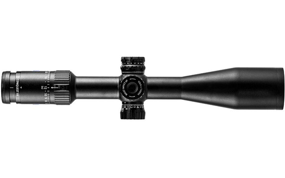 Black ZEISS riflescope with adjustment dials and zoom markings, shown in a vertical front-facing view.